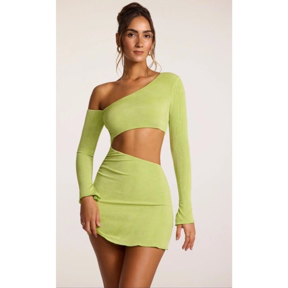 Oh Polly Textured Jersey Asymmetric Cut Out Mini Dress In Lime- Size 6 NWT - Picture 2 of 16